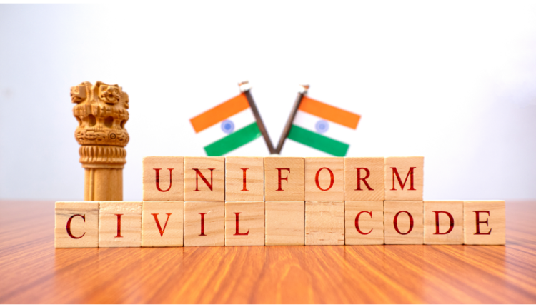 Image: Illustration depicting the concept of Uniform Civil Code (UCC) with icons representing legal documents, scales of justice, and diverse cultural symbols, highlighting the explanation and necessity of UCC.