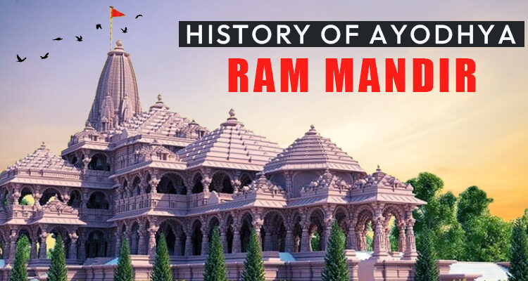 Illustration depicting the historical timeline of Ram Mandir in Ayodhya, starting from the Babur era in 1528 and spanning to 2024, showcasing key events and milestones in its history.