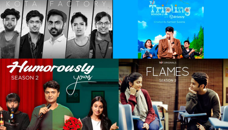 Image: Collage featuring posters of the top 7 TV shows produced by The Viral Fever, including Kota Factory and Panchayat.