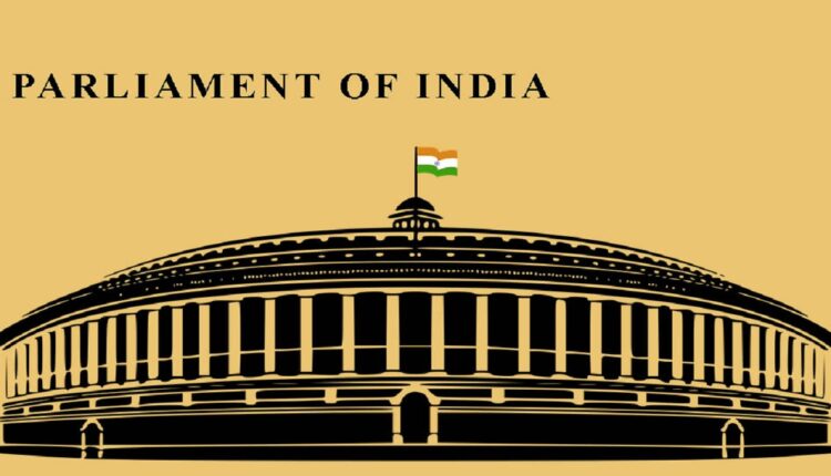 An illustration depicting the Indian Parliament building with two distinct sections labeled "Lok Sabha" and "Rajya Sabha." The Lok Sabha side shows elected members debating, symbolizing the House of the People, while the Rajya Sabha side features appointed members, representing the Council of States. The background includes the Indian flag and the Ashoka Chakra, emphasizing the national context. This image visually represents the key differences between Lok Sabha and Rajya Sabha, highlighting their unique roles, compositions, and functions within India's parliamentary system as discussed in the blog.