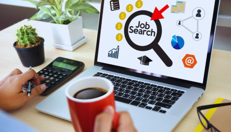 A laptop displaying a list of online job opportunities with icons representing remote work, including freelance writing, virtual assistant, and online tutoring, symbolizing the top 10 best online jobs from home in 2024. The background features a comfortable home office setup with a coffee cup, plant, and notepad, illustrating the convenience and flexibility of working from home.